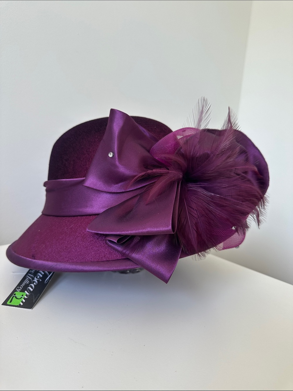 Women's Purple Dress Hat with Satin Bow & Feather Accent